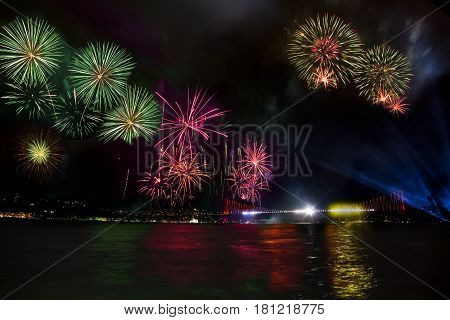 reflactions and colored fireworks in istanbul night