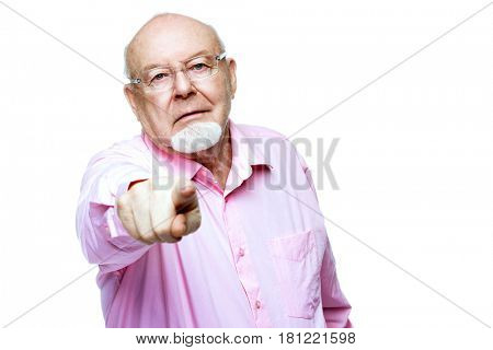 Angry old man expresses his dissatisfaction. Social protection, rights of pensioners. Isolated over white. Copy space.