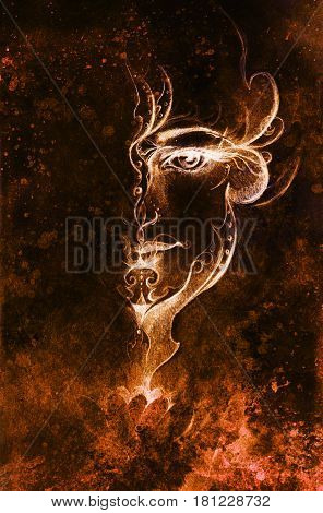 Mystic woman with ornament on face. pencil drawing on old paper. Color effect