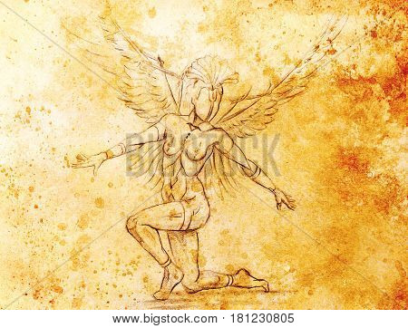 Mystic woman warior. pencil drawing on old paper. Color effect