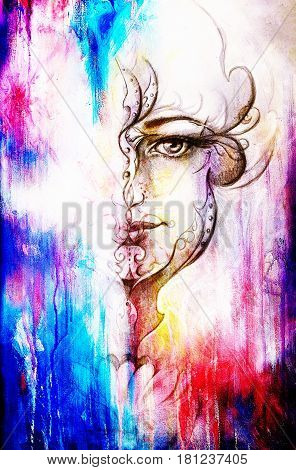 Mystic woman with ornament on face. pencil drawing on old paper. Color effect