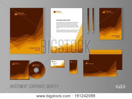 Corporate identity template for investment company, modern stationery template design stylized with charts for investment business. Brochure cover, letterhead, envelope, business card, pen, CD cover.