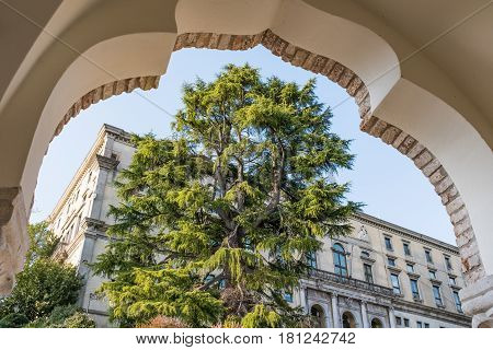 View through a arch of Porticato del Lippomano at Museum Udine