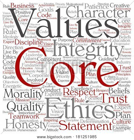 Conceptual core values integrity ethics square concept word cloud isolated on background