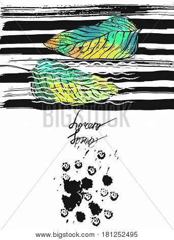 Hand drawn vector abstract textured summer template card with tropical exotic green palm leaf and black stripped ink stroke texture with place for your text.Design for bussinesgreetingwedding