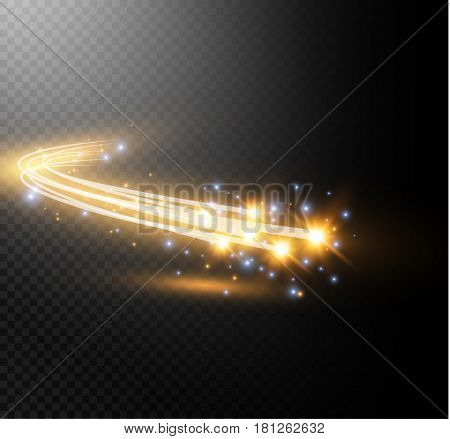 Abstract vector glowing magic star light effect from the neon blur of curved lines. Glittering stars dust trail from the side.flying comet on a transparent background.