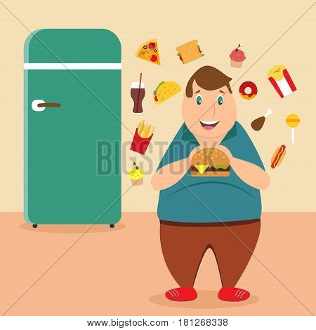 Illustration of the fat man eating unhealthy products near the fridge