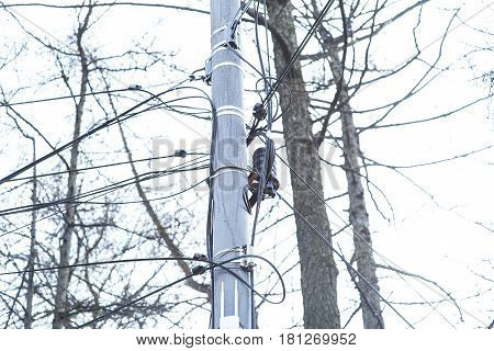 Soft focus image of busy line on electric pole on walking street