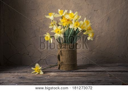 Amazing grunge background with Yellow flowers daffodils on turquoise texture. Beautiful Colorful Greeting Card for Mothers Day, Birthday, March 8. Top view, Flat lay. Horizontal Image With Copy Space