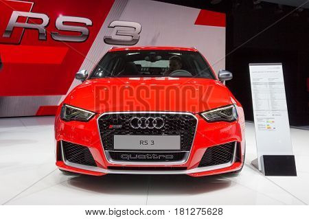 GENEVA SWITZERLAND - MARCH 4 2015: Audi RS3 Sportback Quattro at the 85th International Geneva Motor Show in Palexpo Geneva.