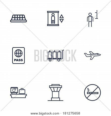 Set Of 9 Aircraft Outline Icons Set.Collection Of Plane, No Smoking, Luggage Trolley And Other Elements.