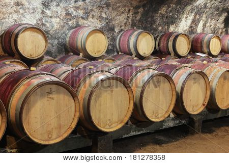 Chenas, France - March 10, 2017: Cellar of the castle of Chenas from the XVII th century in Beaujolais, France