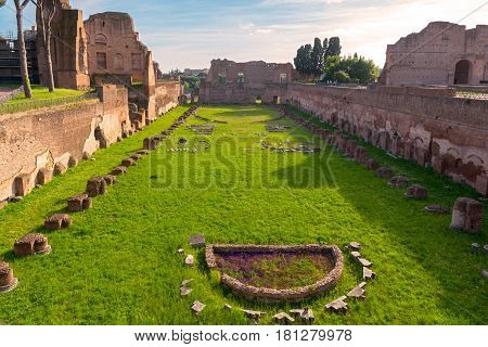 View of the Stadium of Domitian on the Palatine Hill in Rome, Italy