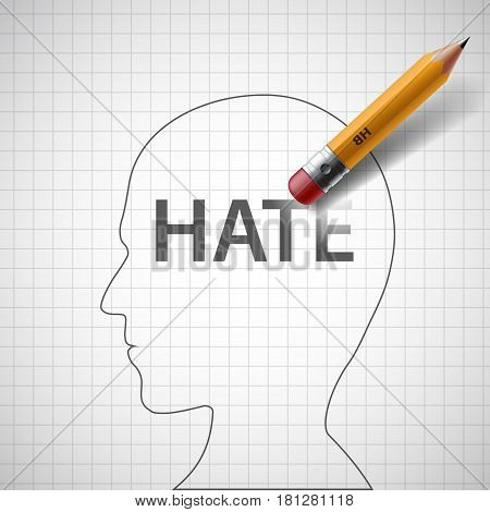 Pencil erases in the human head the word hate. Xenophobia and misanthropy. Stock vector illustration.
