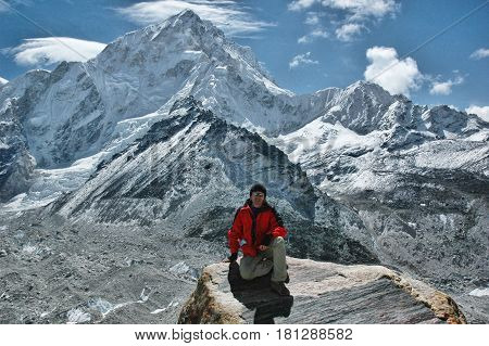 Man in the background of the Nepal mountains