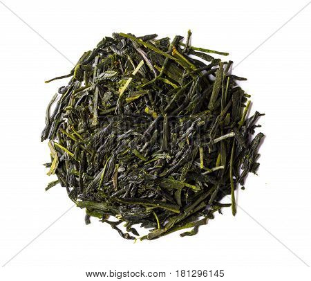Heap of japanese green shincha tea. First flush shadow tea highest quality. Isolated on white background.