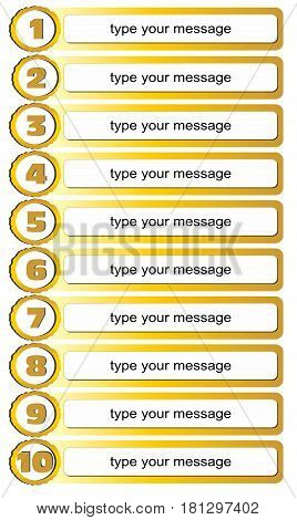 Gold colored list template with frames for writing of ten tips