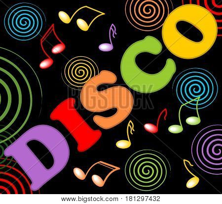Disco billboard with neon swirl and music symbols in rainbow colors