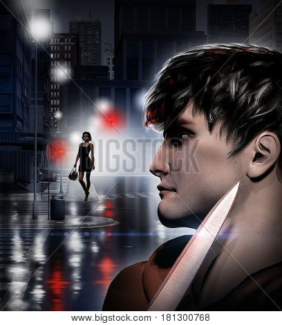 3d illustration of a young woman walking at night followed by a stalker with a knife.