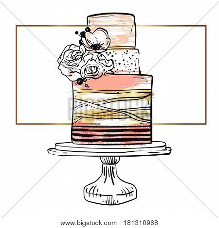 Hand drawn vector cute birthday or wedding template card with cake illustration in goldpastelblack and white colorswith stripes and flowers decoration on cake stand isolated on white background