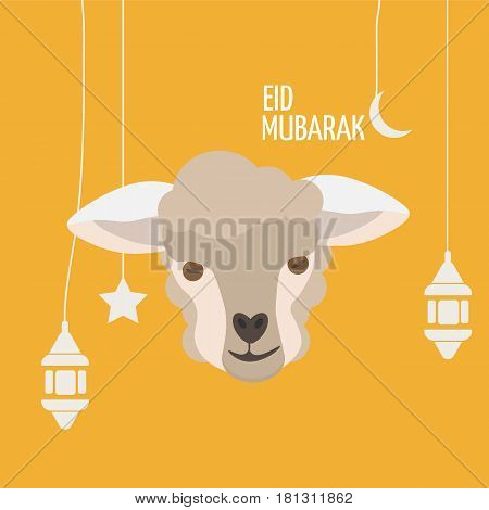 Eid Mubarak Greeting card with sheep face or lamb head, ramadan lanern, moon and stars. Eid al-adha poster. Festival of the Sacrifice template.