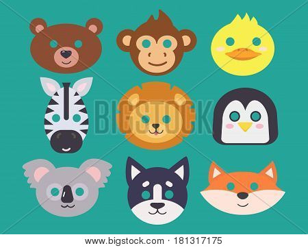 Animals carnival mask vector set festival decoration masquerade and party costume cute cartoon head decor isolated celebration vector illustration. Traditional fantasy drawing wild character.