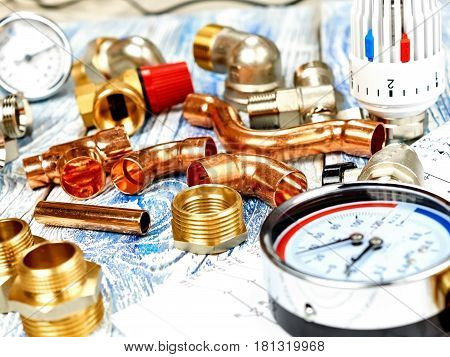 Engineering Concept Project of heating for house. thermostatic valve, copper fitting, heating valve project heating