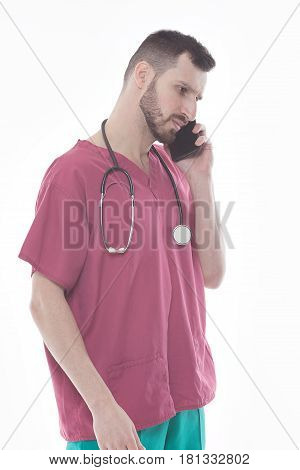 Bearded Doctor phoning client with bad news