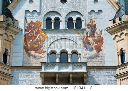 The Patrona Bavariae and Saint George on the court face of the Palas. Main building. Neuschwanstein Castle, Bavaria, Germany.