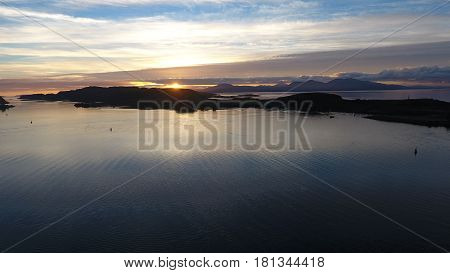 A high shot of the Sound of Kerrera taking from just above Oban, Argyll and Bute, Scotland just before the sun set