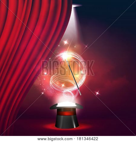 Magic Show poster design template. Magic show flyer design with hat and curtains. Magical illusion fiction in theater