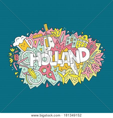 Vector illustration of Holland. All main symbols of the country. Tourist banner.