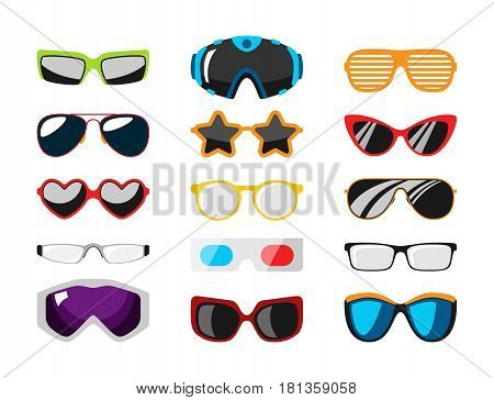 Fashion set sunglasses design retro accessory sun optical view object and spectacles vintage plastic frame modern eyeglasses vector illustration. Elegance summer sight shape classic reflection wear.