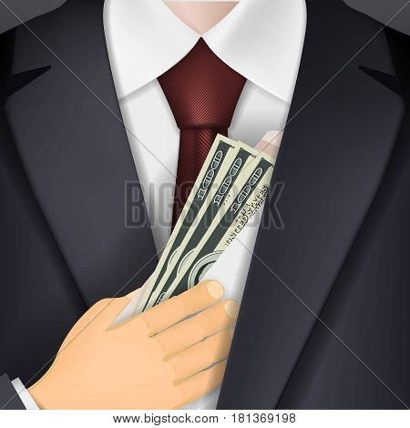 Man holds in his hand an envelope with money. Bribery and corruption. Stock vector illustration.