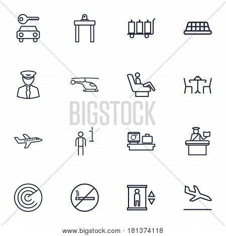 Set Of 16 Aircraft Outline Icons Set.Collection Of Airport Security, Plane, Passport Controller And Other Elements.
