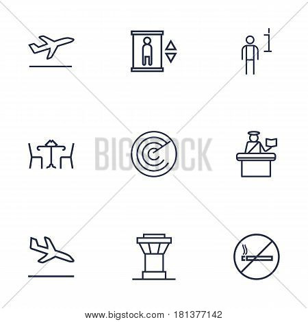 Set Of 9 Airplane Outline Icons Set.Collection Of Sit, Data, Passport Controller And Other Elements.