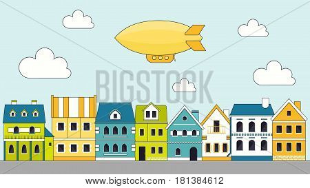 Small town with cute houses airship and clouds. Cityscape with traditional homes. EPS10 vector illustration in flat style.