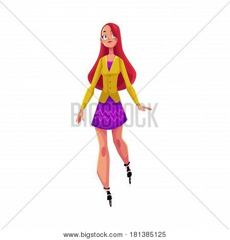 Young pretty girl, woman riding roller blades, personal urban transport concept, people on wheels, cartoon vector illustration isolated on white background. Girl riding roller skates, blades