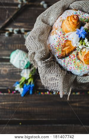 Traditional festive Easter cake and eggs for Easter