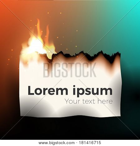 Burning white sheet of paper isolated on a colorful background. Realistic vector illustration with sparkles and light effects. Stylish frame for your text.