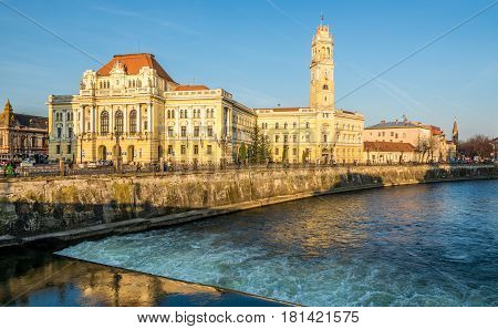 ORADEA ,ROMANIA - MARCH 21,2017 - Morning view at the City hall of Oradea. Oradea is located on the banks of Crisul Repede River .