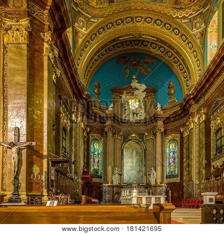 ORADEA ,ROMANIA - MARCH 21,2017 - Altar inside Basilica of Oradea. Oradea is located on the banks of Crisul Repede River .