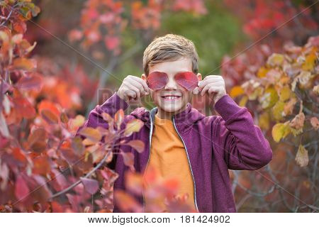 Cute boy playing in forest and smiling