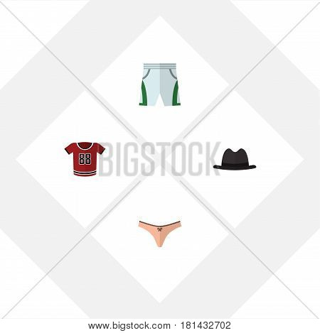 Flat Clothes Set Of T-Shirt, Trunks Cloth, Panama And Other Vector Objects. Also Includes Panties, Lingerie, Cloth Elements.
