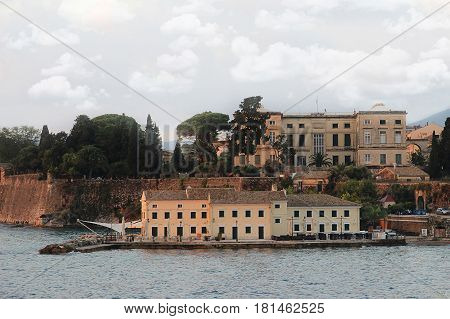 View on old town from the ionian sea. Sunrise over the old city