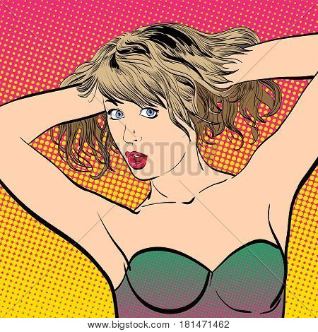 A young woman. Cute woman with hands up. Woman portrait. Feelings. Concept idea of advertisement and promo. Pop art illustration. Halftone background