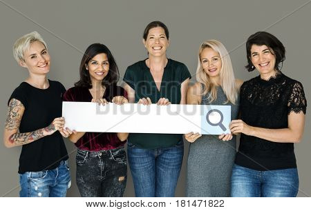 Group of women smiling and holdling search blank banner