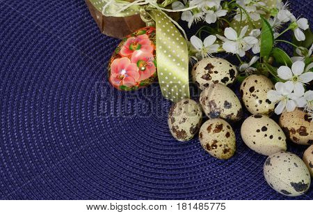 Happy Easter background. Spring flowers and eggs closeup