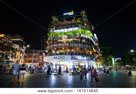 Hanoi Vietnam - Feb 19 2107 : A night view of City View Cafe Buiding of Hanoi Popular with both travellers and locals this cafe offers one of the nicest views in Hoan Kiem Hanoi