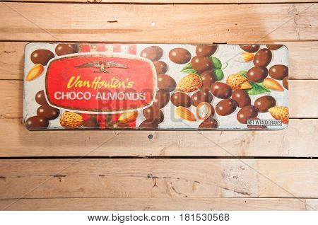 Thailand. April 09 2017 : An old case of chocolate candy. vintage streel case of Van Houten's chocolate almonds candy.